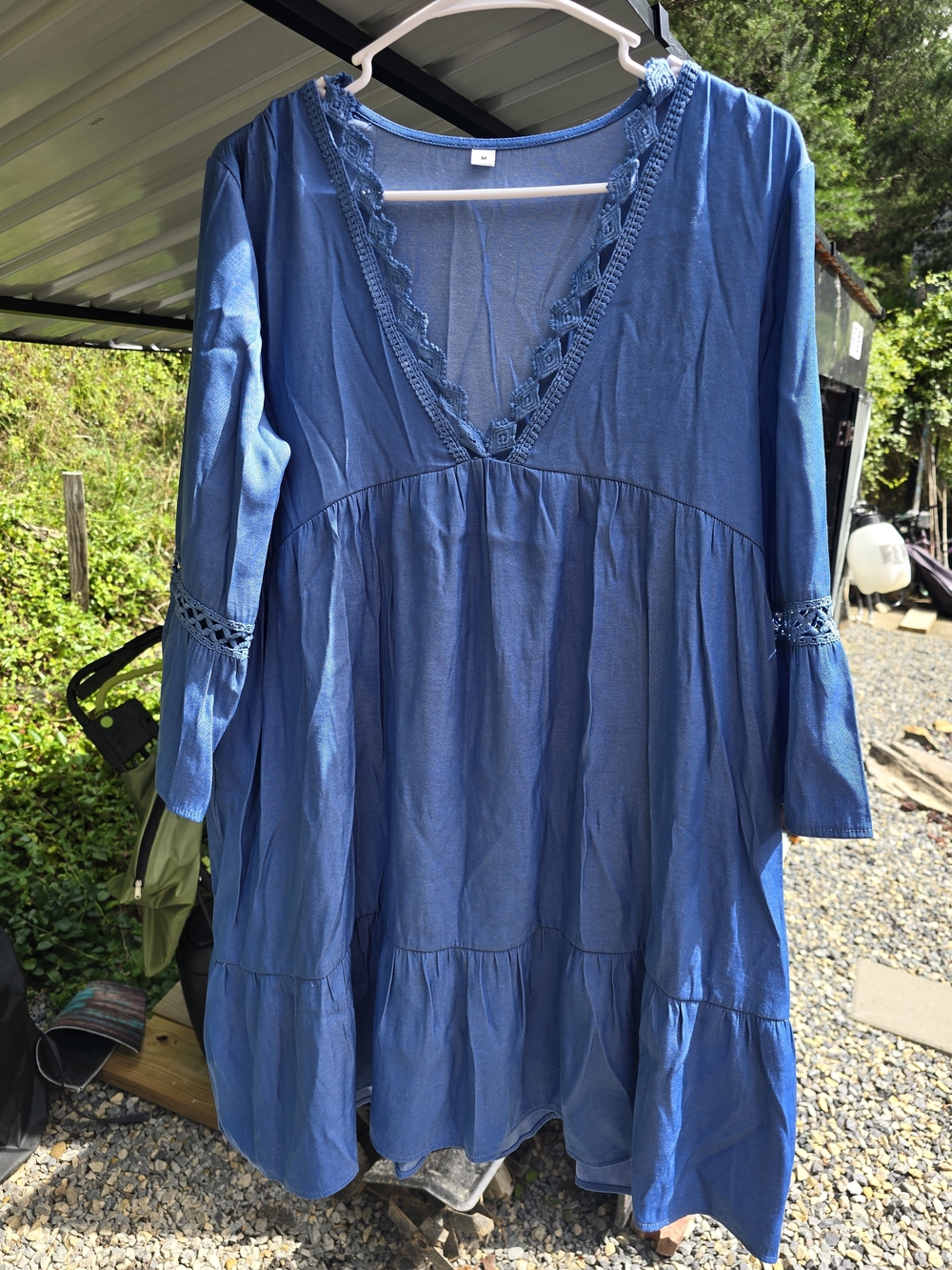 Blue V-Neck Midi Dress with Crochet Trim Medium